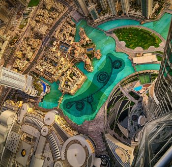 Dubai downtown aerial view by sunset, Dubai, United Arab Emirates